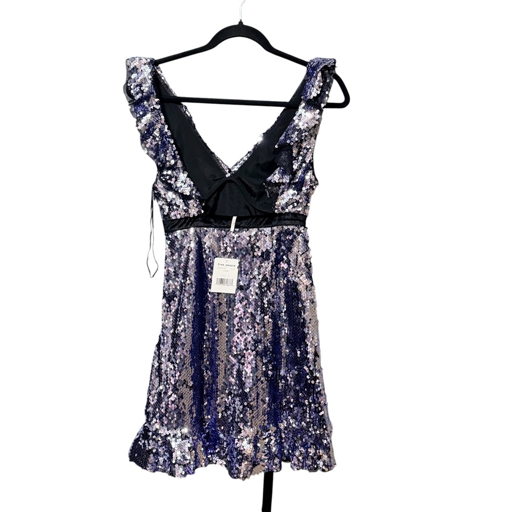 Free People Silver Blue Sequin Mini Dress V-Neck Open Back Ruffle Size 0 NEW - Picture 3 of 8